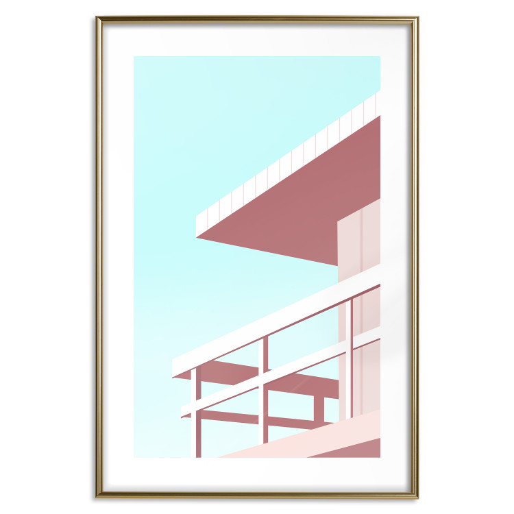 Plakat Wakacje na plaży - minimalistyczna różowa wieża ratownika na tle nieba 144119 additionalImage 22