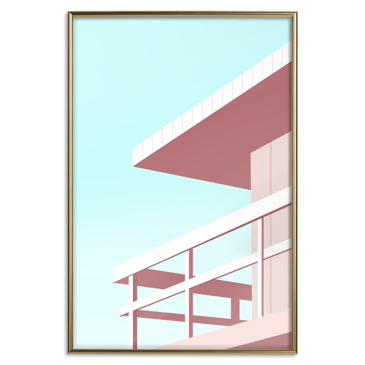 Plakat Wakacje na plaży - minimalistyczna różowa wieża ratownika na tle nieba 144119 additionalImage 25