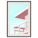 Plakat Wakacje na plaży - minimalistyczna różowa wieża ratownika na tle nieba 144119 additionalThumb 27