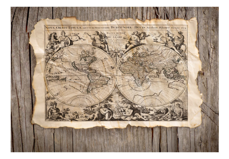 Fototapeta Nova Orbis Tabula - retro mapa świata z postaciami na drewnianym tle 67029 additionalImage 1