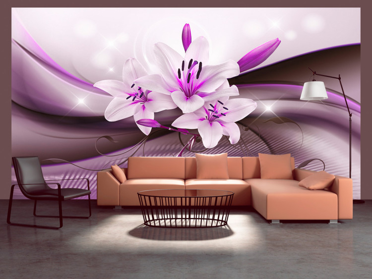 Fototapeta Fioletowa abstrakcja z tłem - lilie z blaskiem i falowanymi deseniami 90449