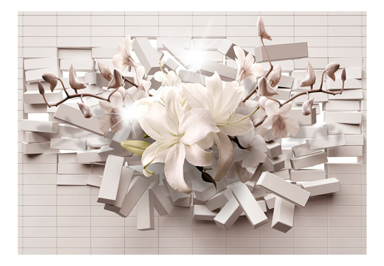 Fototapeta Motyw kwiatowy - lilie na białym tle o teksturze cegieł z efektem 3D 92259 additionalImage 1