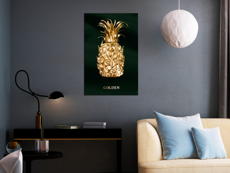 Obraz Ananas ze złota - owoc z napisem na tle butelkowej zieleni 135579 additionalImage 3