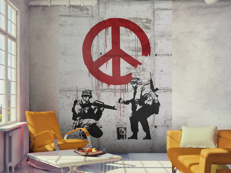 Fototapeta CND Soliders - szare graffiti mural Banksy z żołnierzami i pacyfką 62289
