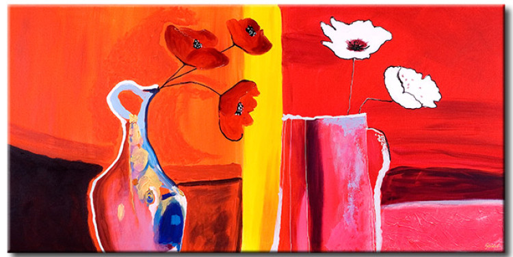 Obraz Maki w wazonach (1-częściowy) - bukiety kwiatów na żywym czerwonym tle 46599